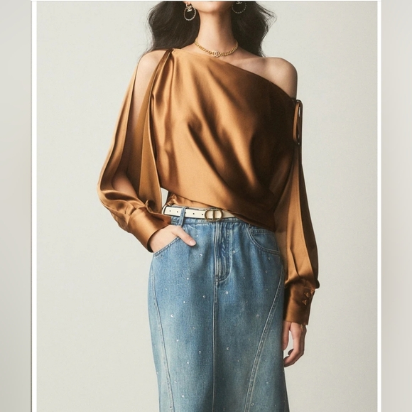 Satin Asymmetrical Cold Shoulder Tie Blouse - Picture 3 of 12